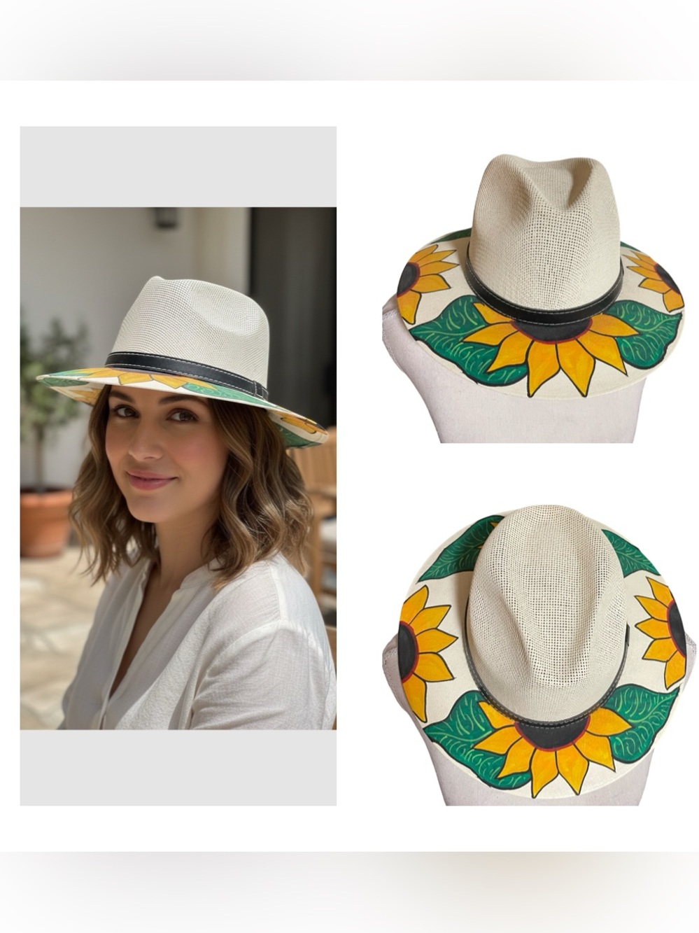 MX Mexico cream woven straw fedora hat black band hand painted sunflowers MEDIUM